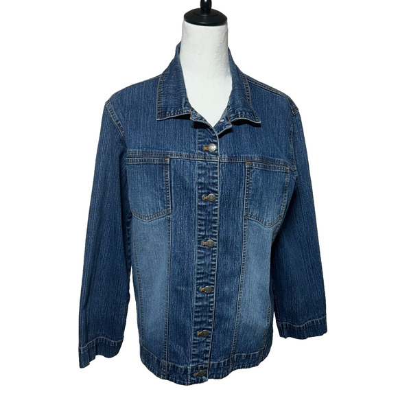 Chicos Denim Jean Jacket Womens Large 2 Blue Button Front Long Sleeve Stretch - Picture 1 of 10